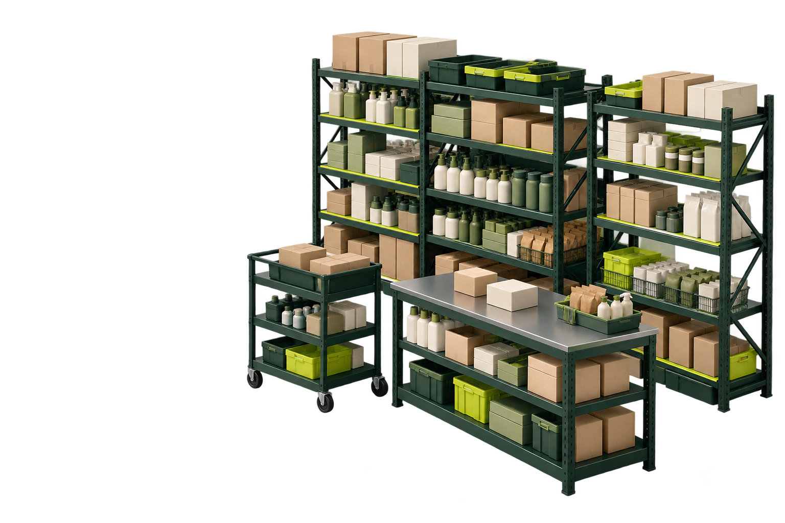 Illustrative 3D stockroom with green shelving, organised cartons and individually countable products